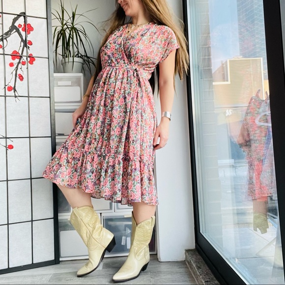 Phase II Wrap Drop Shoulder Busty Bodice Micro Pleated MIDI Floral Dress - Picture 9 of 17